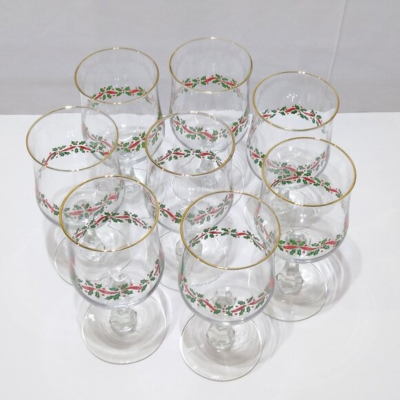 Libbey Holiday Christmas Wine Glasses w/ Gold Trim Holly Berry Design Set of 8 - Picture 2 of 14